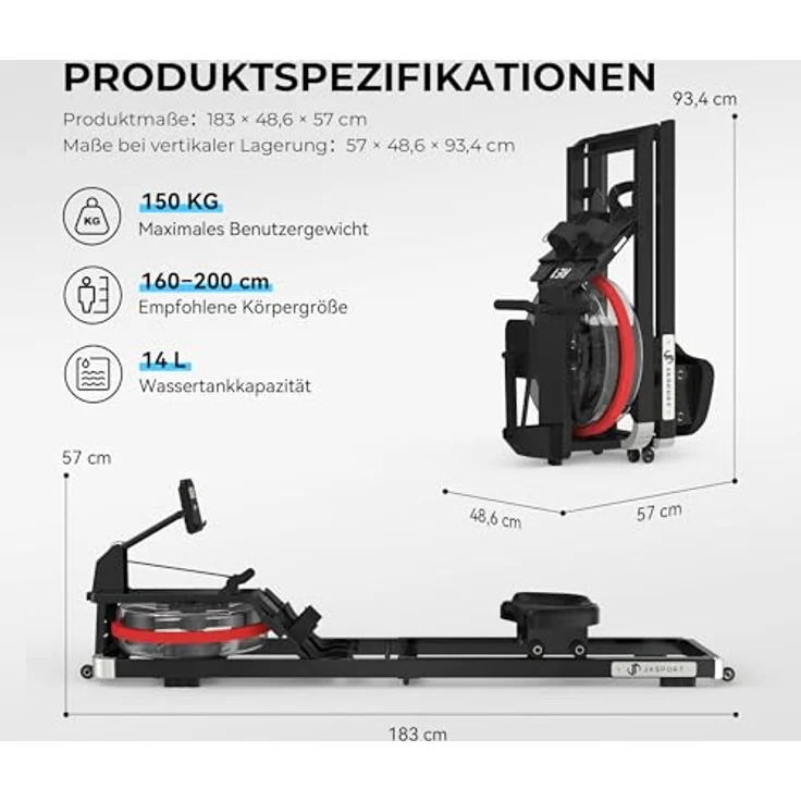 JASPORT RE1 Wasser-Rudergerät klappbar, 14-L-Wassertank, Kinomap-kompatibel, LCD-Display, bis 150 kg belastbar – Bild 8