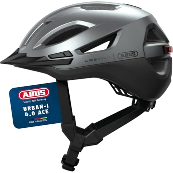 ABUS Urban-I 4.0 ACE Fahrradhelm mit aufladbarem Rücklicht, 4 Leuchtmodi, Zopf-Öffnung und magnetischem Verschluss, Größe L, silber – Bild 1