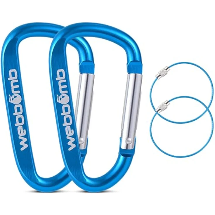 WEBBOMB® 2X Karabiner Haken, 6,7 cm Schnappkarabiner mit 2 Drahtseil-Schlüsselringen, türkis, für Camping, Wandern und Angeln – Bild 1