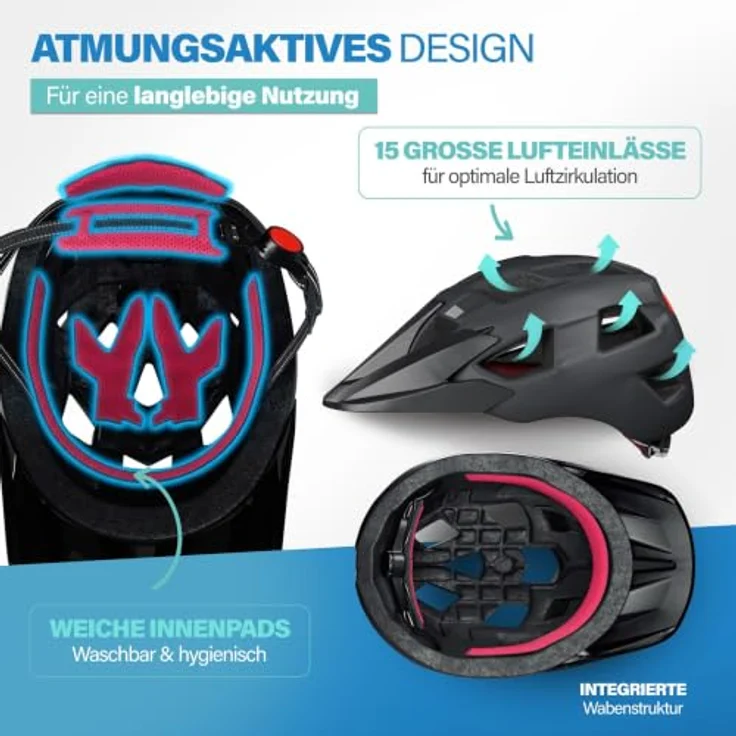 Fischer Fahrradhelm MTB Plus Andes L/XL, schwarz, mit integriertem Akku-Magnet-Rücklicht und FHPS-Sicherheitssystem – Bild 10
