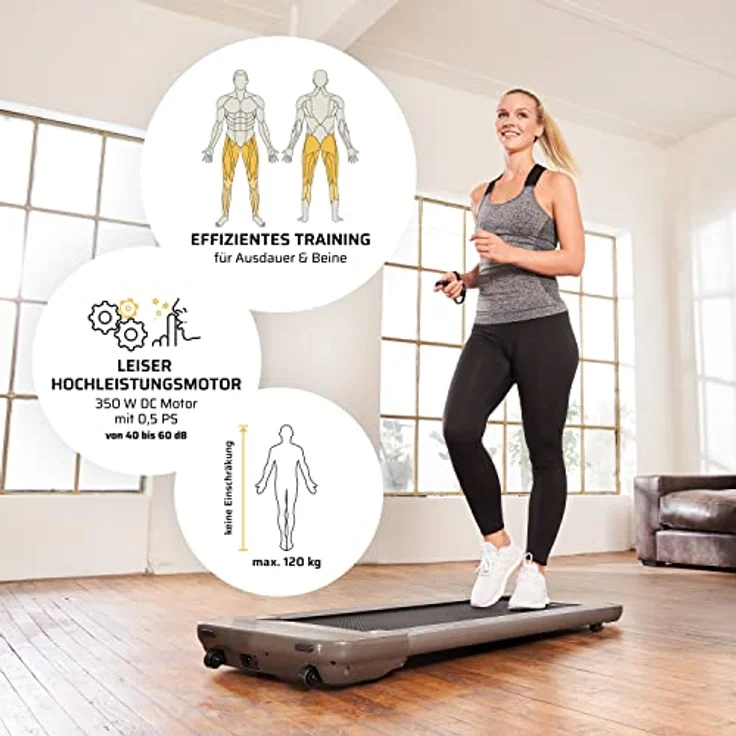 SportPlus Walking Laufband für zuhause & im Büro - Walking Pad bis 6 km/h (leiser Motor), ideal als Desk Laufband am Schreibtisch,kein Joggen möglich, bis 120 kg,Grau-Schwarz,ca. 133x53x10 cm (LxBxH) – Bild 3