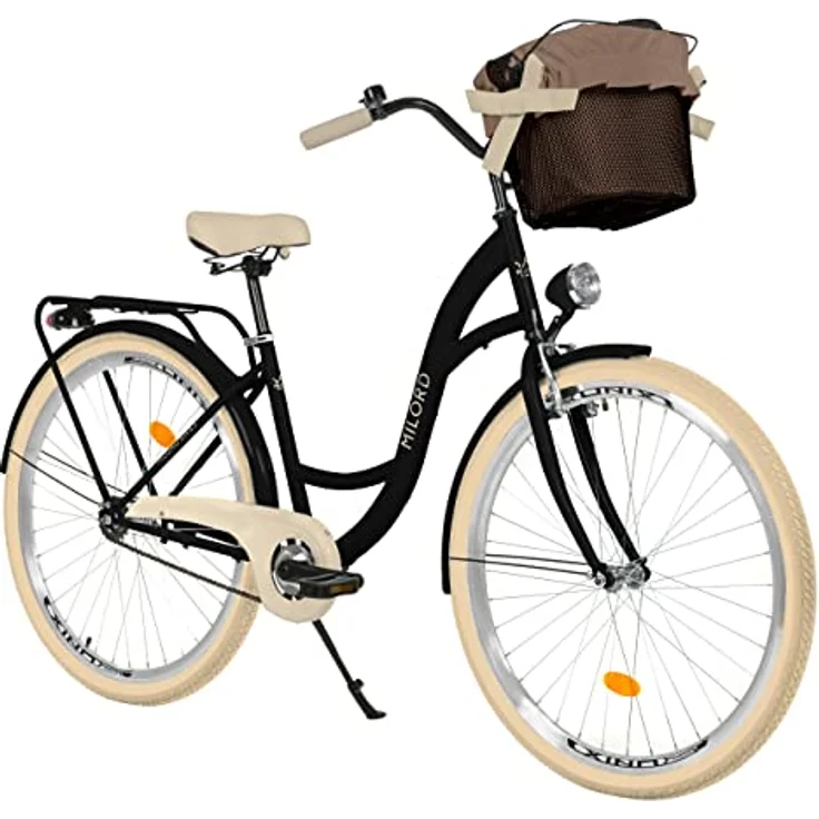Milordbikes City-Fahrrad, Schwarz und Creme, Metall, 46 cm, leicht rollende City-Reifen, mit hinterem Träger – Bild 1