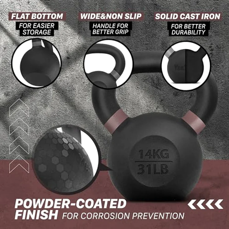 Yes4All Kettlebell 14 kg, pulverbeschichtet mit breiten Griffen und flachem Boden, braun – Bild 3