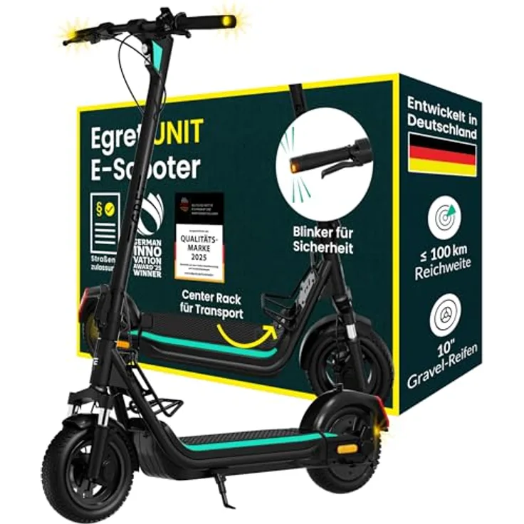 Egret Unit E-Scooter mit Straßenzulassung (ABE), 1890W, 100 km Reichweite, 2x Federung, Gepäckträger, 130 kg Traglast, 10" Luftreifen, App