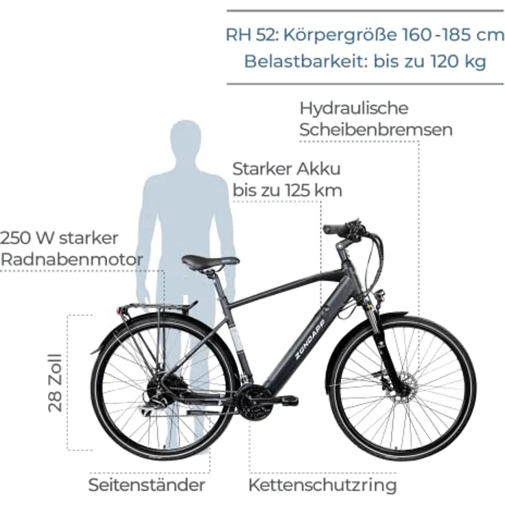 ZÜNDAPP Z810 Ebike Herren 28 Zoll Trekkingfahrrad | E-Bike mit 24 Gängen und hydraulischen Scheibenbremsen, schwarz, 52 cm – Bild 2