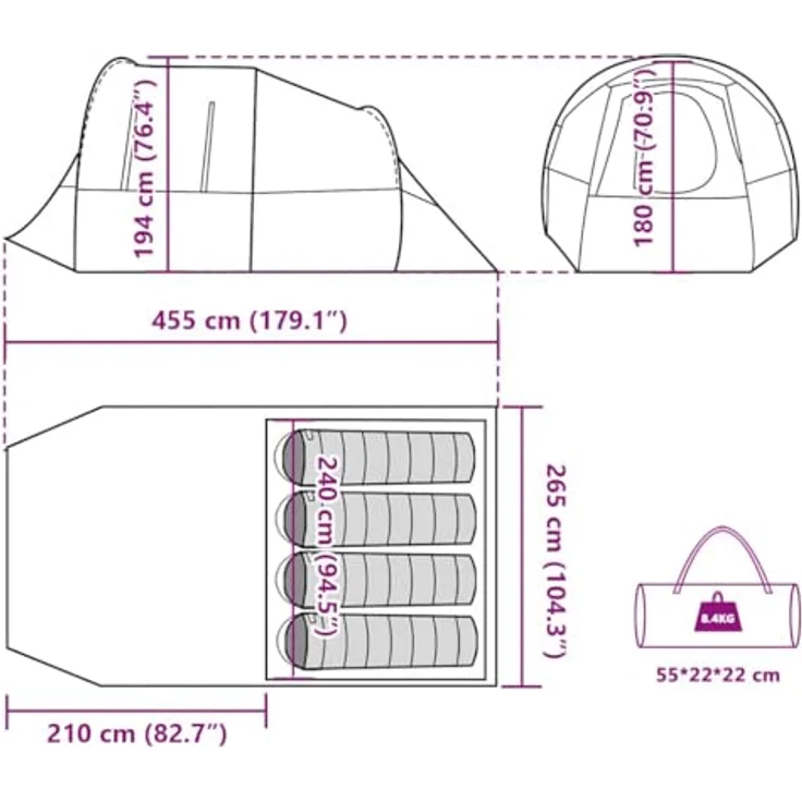 vidaXL Tunnelzelt 4 Personen, Wasserdichtes Familienzelt mit Netzwänden, E-Anschluss und abnehmbarem Überzelt, Grün 185T Polyester – Bild 3