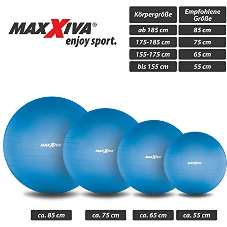 MAXXIVA® Gymnastikball 75 cm Anti-Burst mit Luftpumpe bis 250 kg hautfreundlicher Sitzball Reha Hometraining Balanceball Yoga Pilates Sport Fitnessball (75 cm, Blau) – Bild 5