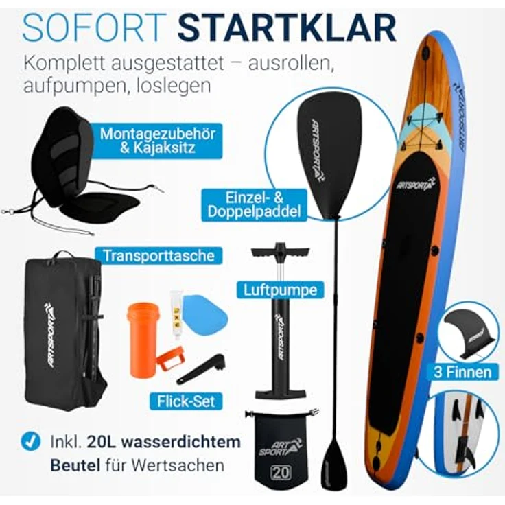 ARTSPORT® Stand Up Paddling Board Set Beach Rocker, aufblasbar 320 cm, mit Kajaksitz, Action-Cam Halterung, Zubehör und 150 kg Tragkraft – Bild 2