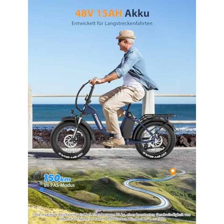 Touroll S2 E-Bike Klapprad, 20'' Fat Tire, 48V 720Wh Akku, bis 150 km Reichweite, 250W Motor, 7-Gang-Schaltung, für Herren und Damen, All-Terrain, klappbar – Bild 3