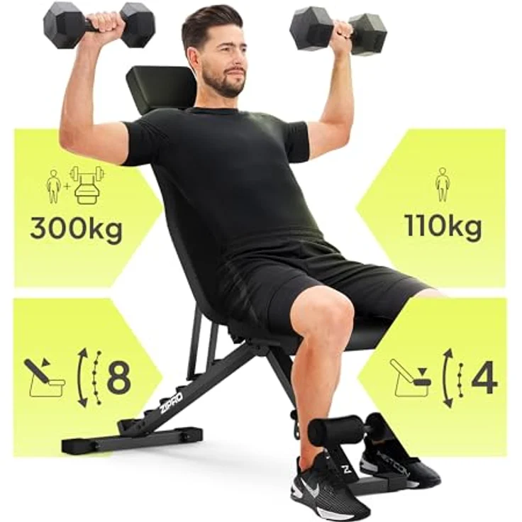ZIPRO Hantelbank Klappbar, 7-fach verstellbare Schrägbank bis 300 kg, multifunktionale Trainingsbank für Zuhause, schwarz – Bild 2