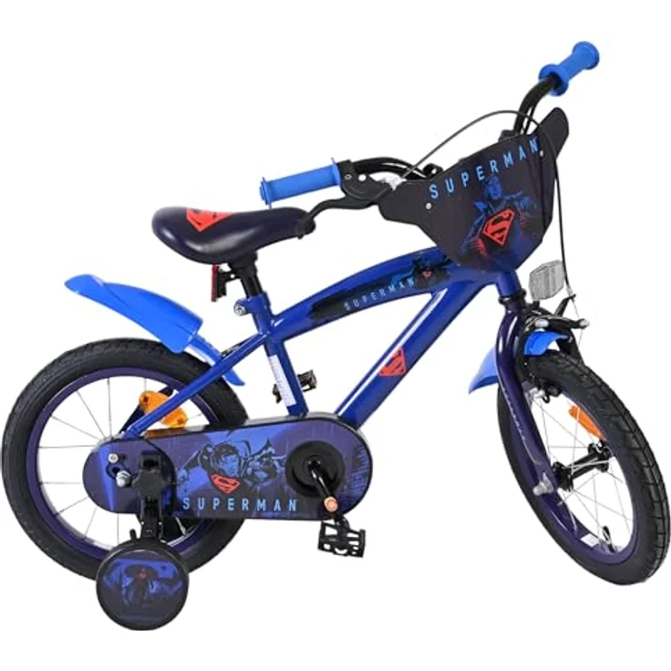 Volare Superman, Kindervelo 14 Zoll, stabiler Metallrahmen, dunkelblau, mit Handbremse und abnehmbaren Stützrädern – Bild 1