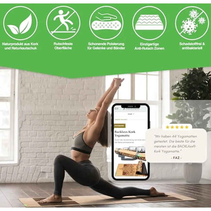 BACKLAxx® Yogamatte Kork mit Naturkautschuk - Yoga Matte nachhaltig, schadstofffrei, Yogamatte rutschfest, Fitnessmatte mit Anti-Rutsch-Zonen inkl. Tragegurt, Turnmatte für Yoga und Matte Sport – Bild 2