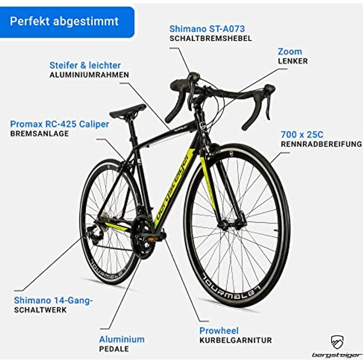 Bergsteiger Tourmalet 28 Zoll Rennrad, Aluminium Gravelbike mit Shimano 14 Gang-Schaltung, Gewicht nur 11 kg, für Herren & Damen ab 170 cm, mattes Schwarz. – Bild 5