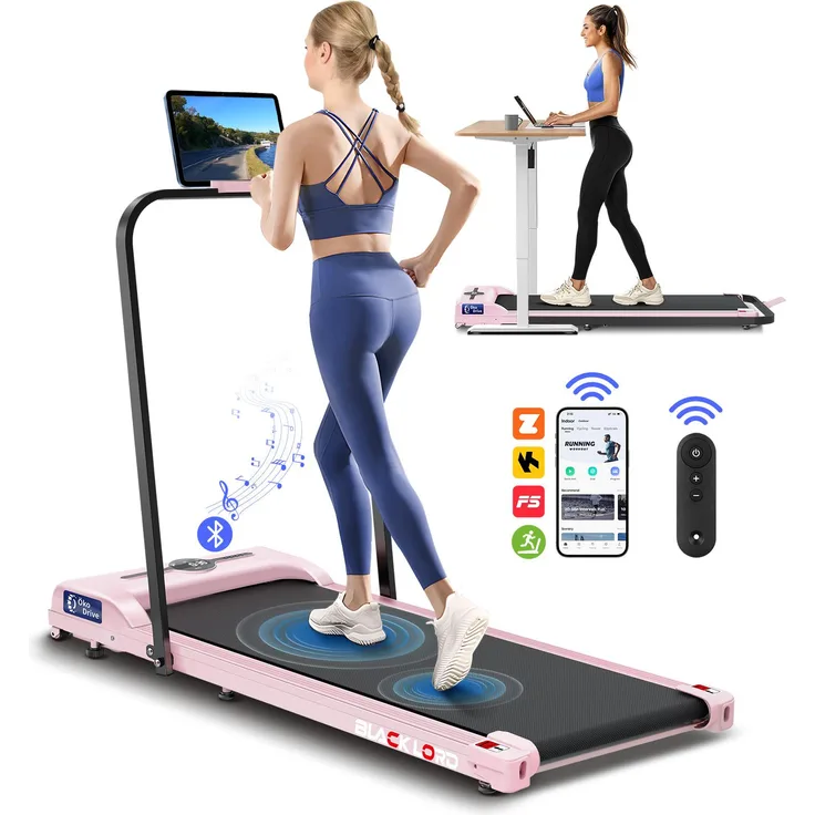 BLACK LORD 4-in-1-Laufband, elektrisches, faltbares Untertisch-Laufband mit 2,2 PS, Bluetooth-Lautsprecher, LED-Display, max. 120 kg, Rosa