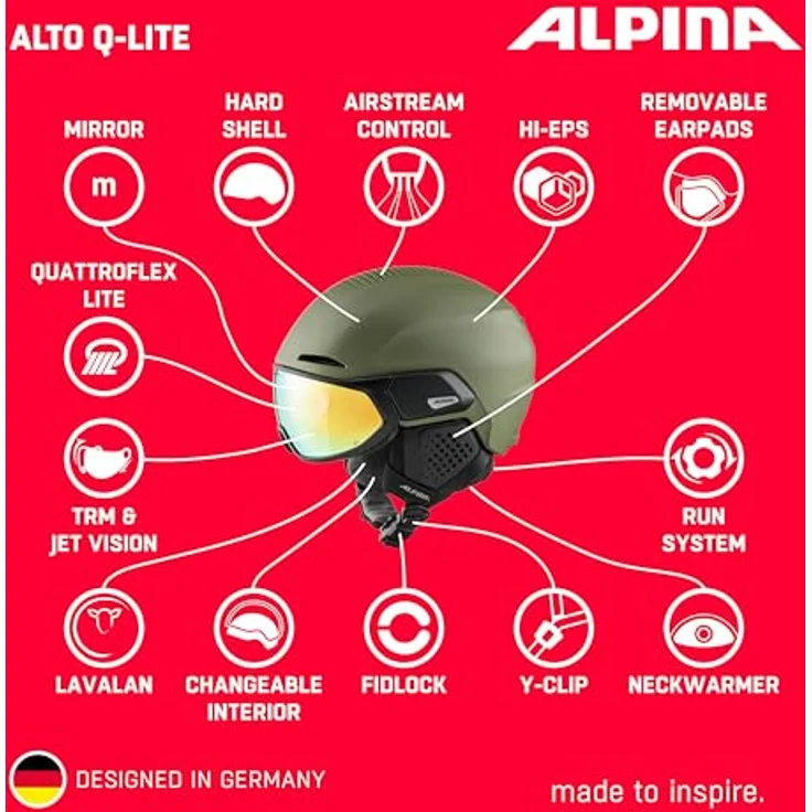 ALPINA Alto Q-LITE, sicherer Skihelm mit kontrastverstärkendem Visier, individuell anpassbar, Olive matt, Größe S (51-55 cm) – Bild 2