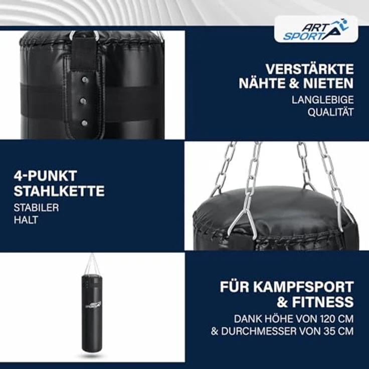 ArtSport® Boxsack Set 30 kg gefüllt, 110 cm hängend mit 4-Punkt-Stahlkette & Drehwirbel für Boxen & Kickboxen, schwarz – Bild 5