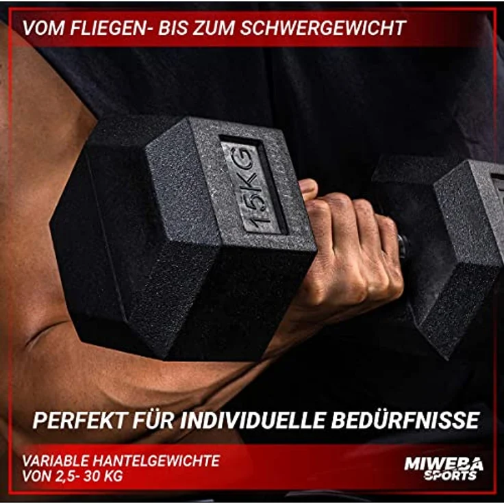 Miweba Sports Hexagon Hanteln HGH100 | 2,5-30kg - 𝐏𝐫𝐨𝐟𝐢 Hantel - Hantelset - Kurzhanteln - Gusseisen - Ergonomischer Griff - Einzelhantel - Hantel Set - Dumbbell (12.5 kg, Hantelpaar) – Bild 4