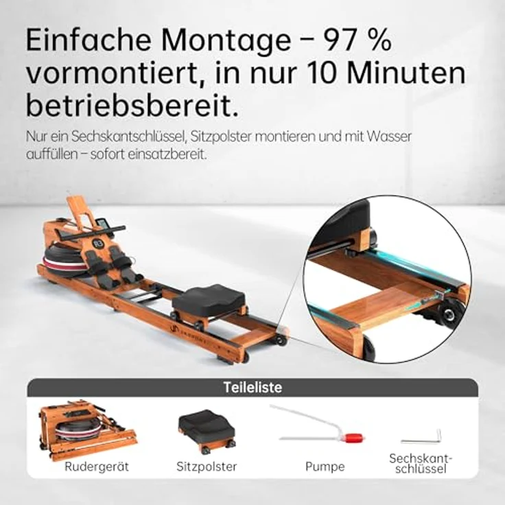 JASPORT R3 Faltbares Rudergerät aus Eichenholz, mit Bluetooth-fähigem LCD-Display, 28L Wassertank, belastbar bis 150 kg, ergonomischer Sitz, verstellbarer Tablethalter, kompatibel mit Kinomap – Bild 5