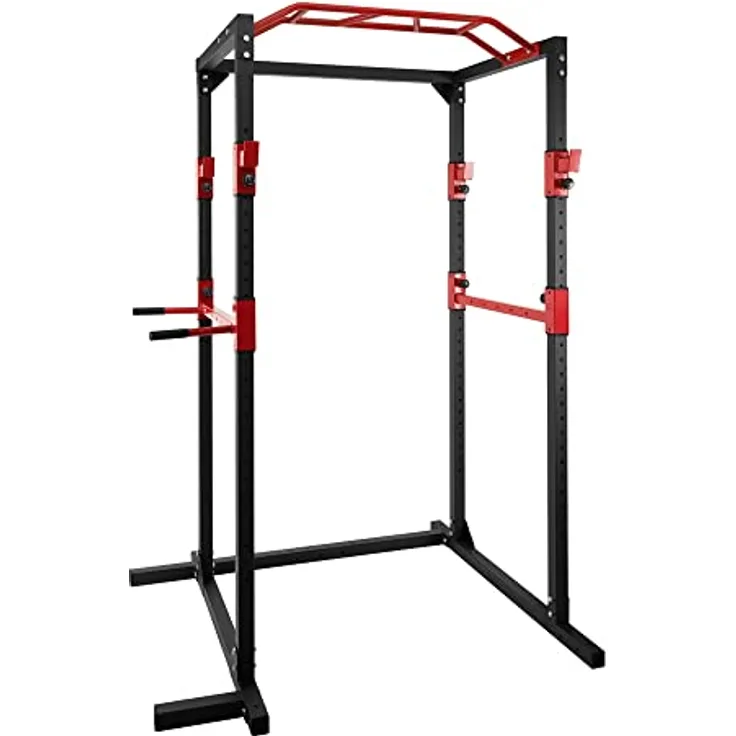 Ultrasport Power Rack Basic, fitness-rack aus Stahl gemacht, Kraftstation mit 4 J-Haken für Langhanteltraining, Klimmzugstange, Dip-Haltern, Ganzkörpertraining für Anfänger bis Fachmann, Schwarz/Rot