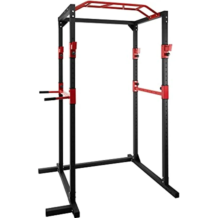 Ultrasport Power Rack Basic, fitness-rack aus Stahl gemacht, Kraftstation mit 4 J-Haken für Langhanteltraining, Klimmzugstange, Dip-Haltern, Ganzkörpertraining für Anfänger bis Fachmann, Schwarz/Rot – Bild 1