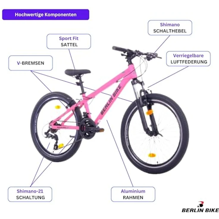 BERLIN BIKE Mountainbike MTB1 24 Zoll Kinderfahrrad für Mädchen, rosa, mit Aluminiumrahmen, 21-Gang-Schaltung, V-Bremsen und 90% Vormontierung – Bild 4