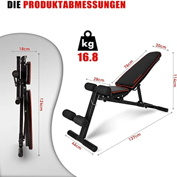 MULTIFUNKTIONSTALENT! Profihantel Klappbare 3 in 1 Studio Hantelbank, NEU - Sitz 2-fach verstellbar, Intelligentes Klappsystem, kein Aufbauen notwendig, Pin- gesichertes Verstellsystem, inklusive dem neuen 24-seitigen Trainingsratgeber mit 33 Übungsbeispielen und Einsteiger-Trainingsplan schwarz/rot Unisex – Bild 5