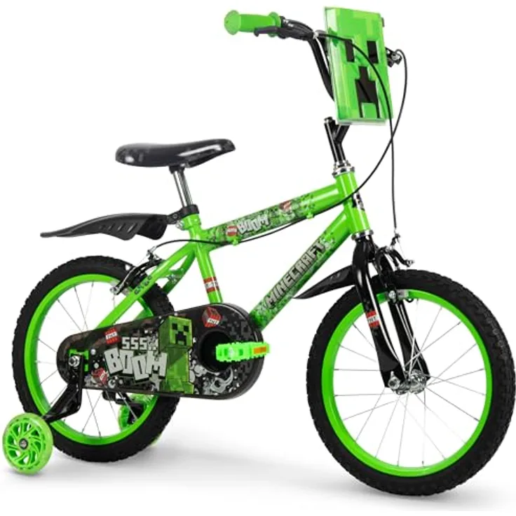 Huffy Minecraft 16" Kinderfahrrad mit Sicherheitsmerkmalen und abnehmbaren Stützrädern, grün