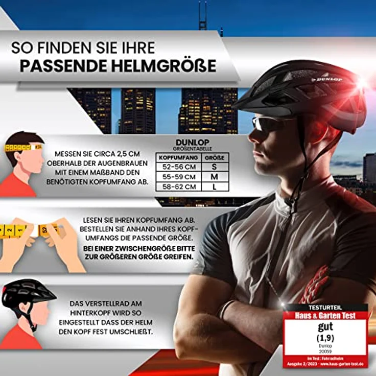 Dunlop Fahrradhelm mit Licht, ultraleichter Urban Helm für Damen, Herren und Kinder mit abnehmbarem Visier, Rücklicht und optimaler Belüftung, Schwarz, Gr. L – Bild 7