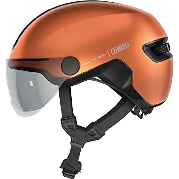 ABUS Stadthelm HUD-Y ACE, stylischer Fahrradhelm mit Visier und aufladbarem LED-Rücklicht, für Damen und Herren, orange, Größe S – Bild 1