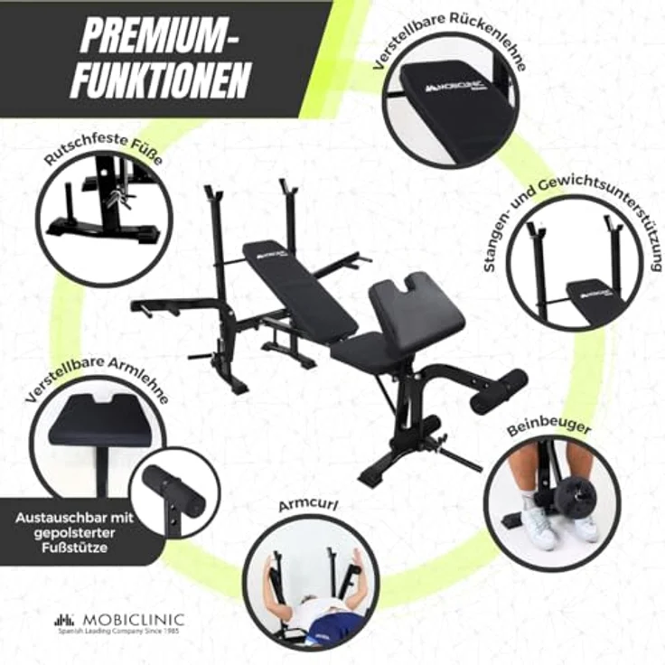 Mobiclinic® Fitness, Multifunktionale Trainingsbank, Pressfit, Verstellbar, klappbar, Stahl, Belastbar bis 250 kg, Unterstützung für Stangen, ideal für Kraftübungen zu Hause – Bild 5