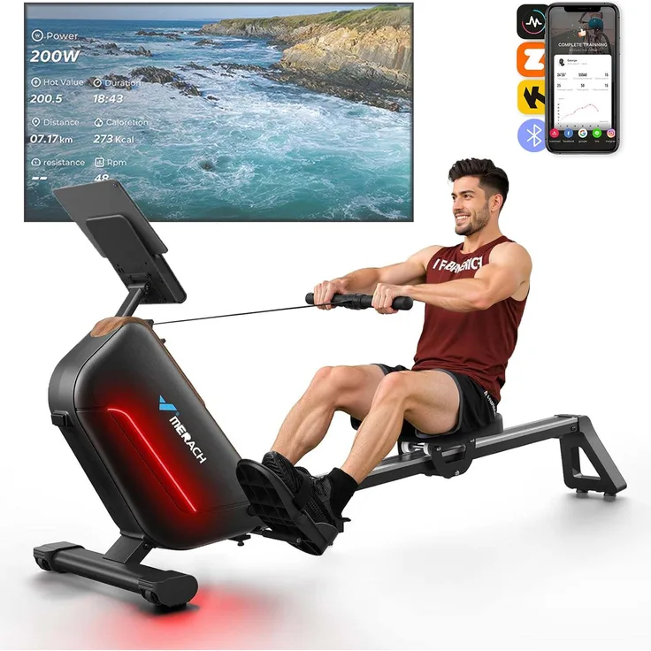 Merach magnetisches Rudergerät MR-100, leise mit 16 Widerstandsstufen, LCD-Display & Bluetooth-App, verstellbare Tablet-Halterung, max. Belastung 160 kg, vertikal klappbar