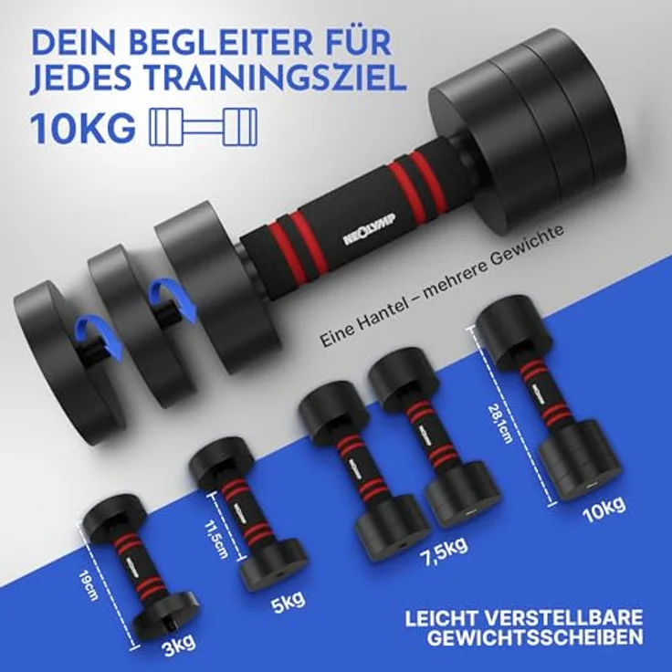 NEOLYMP 2er Set verstellbare Kurzhanteln 3-10 kg, aus massivem Stahl mit rutschfestem Schaumstoffgriff, platzsparendes Hantelset – Bild 2