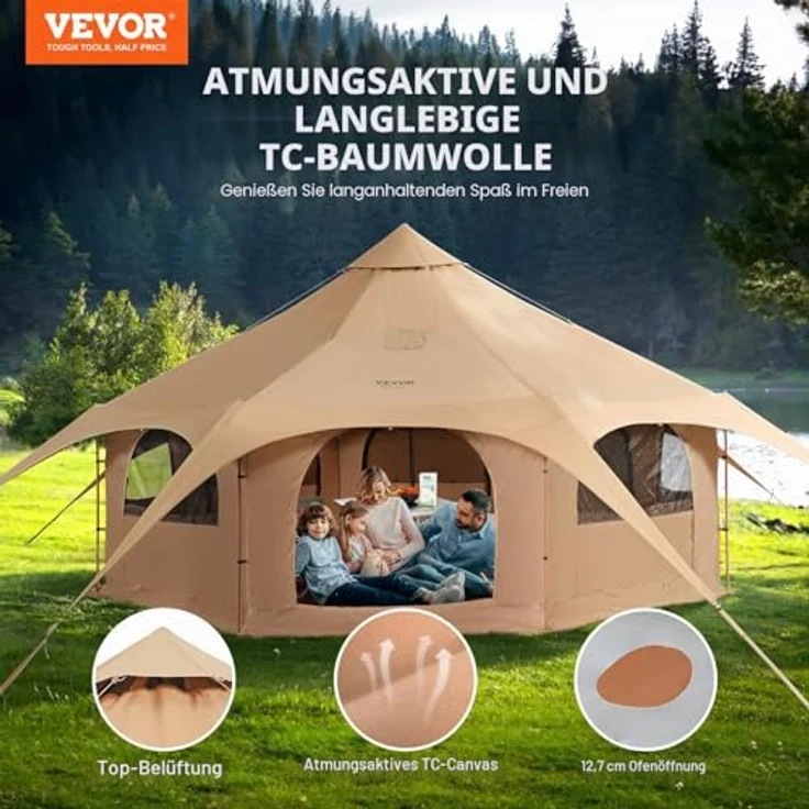 VEVOR Glockenzelt 5 x 2,8 m, Jurten Zelt aus TC-Baumwolle mit Eisenstangen, 8 Fenster, für bis zu 8 Personen, ideal für Outdoor-Abenteuer – Bild 2