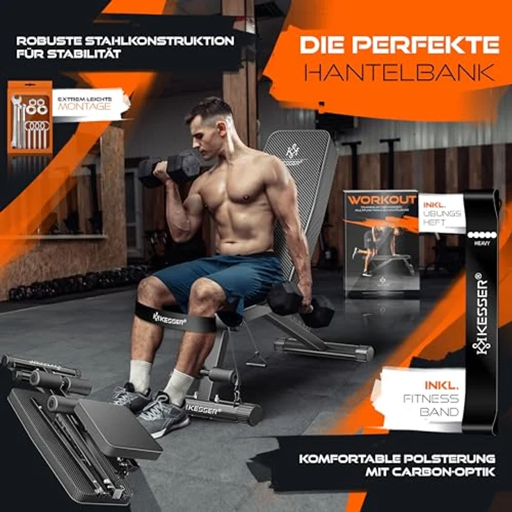 KESSER Klappbare Hantelbank Multifunktionale Trainingsbank mit Rückenlehne, 500kg Belastbarkeit, Carbon-Optik, verstellbar, inkl. Fitnessband für Ganzkörpertraining – Bild 2