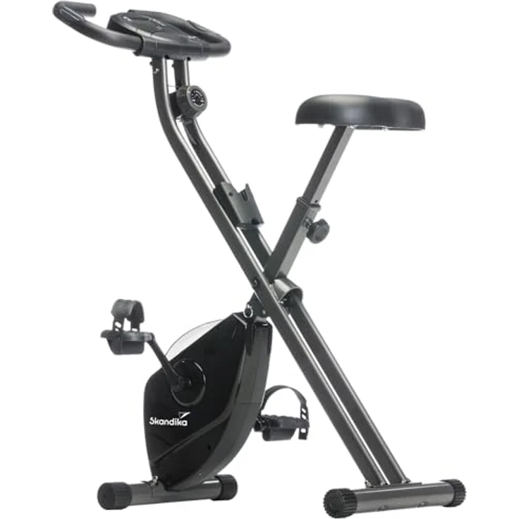 Skandika Foldaway X-1000 Fitnessbike Heimtrainer x-Bike klappbar mit Handpuls-Sensoren, 8-stufiger Magnetwiderstand, LCD Display, 130 Kg max. Gewichtsbelastung (schwarz) – Bild 1