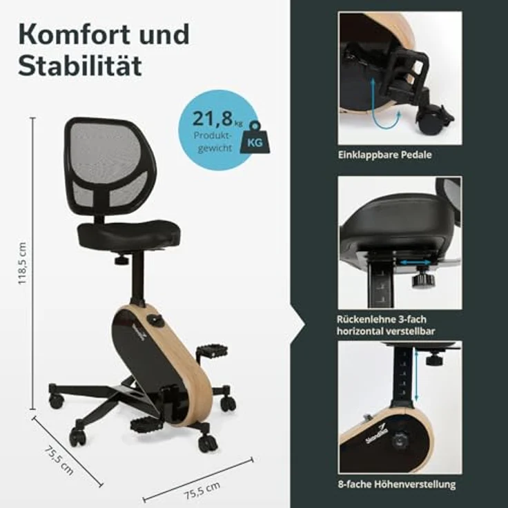 Skandika Office Bike, Ergometer mit 8-fach verstellbarer Sitzhöhe und Bluetooth-Receiver, Holzoptik – Bild 4