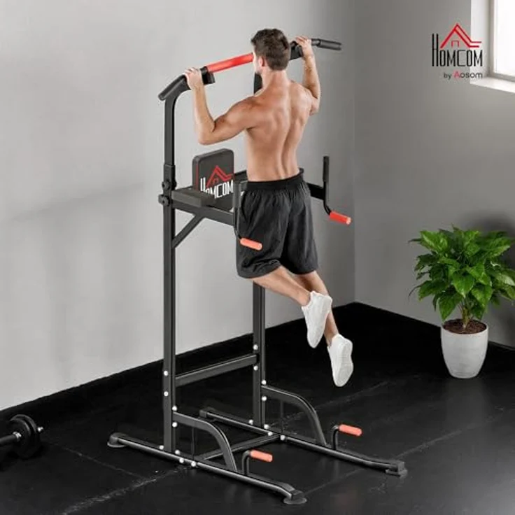 HOMCOM Power Tower, höhenverstellbare Dip Station mit Klimmzugstange und 4 Saugnäpfen, Schwarz-Rot, max. 120 kg belastbar – Bild 2