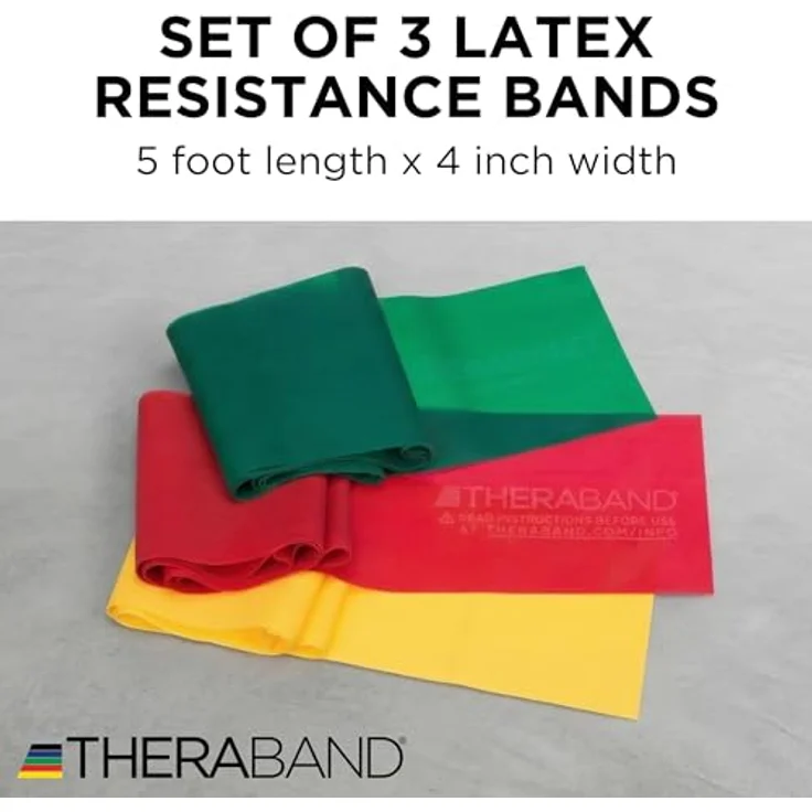 THERABAND Fitnessband Set 1,50m gelb, rot & grün | Gymnastikband aus 100% Naturlatex | Widerstandsband für Ganzkörpertraining | inklusive Übungsanleitung – Bild 3