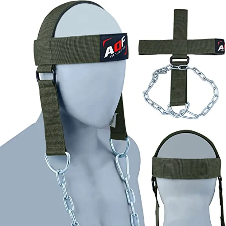 AQF Verstellbares Kopfgeschirr Tauchen Hals Builder Gürtel Gewichtheben Kette Neopren gepolstert (Militär Grün)