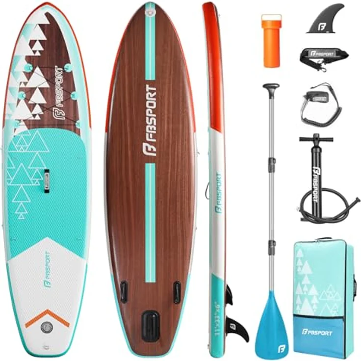 FBSPORT Aufblasbares SUP Board, Stand Up Paddling Board 15CM dick, mit verstellbarem Aluminium SUP Paddel und Pumpe, braun-teal – Bild 1