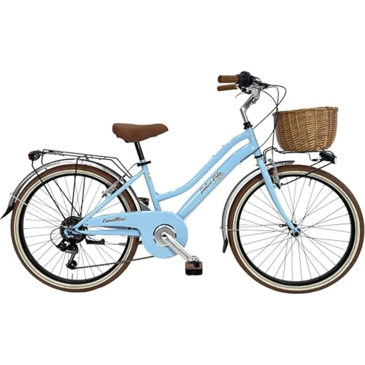 BICICLETTE CANELLINI Mädchenfahrrad 24 Zoll Dolce Vita Junior Citybike mit Vintage Retro Design, 6-Gang-Schaltung und Weidenkorb (Hellblau)
