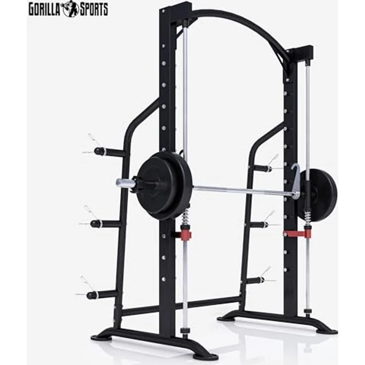 GORILLA SPORTS® Power Rack - inkl. Langhantelstange, bis 300 kg belastbar, 6 Hantelscheibenablagen, Stahlkonstruktion, Schwarz - Multipresse, Kraftstation, Smith Machine, Power Cage, Squat Rack – Bild 4