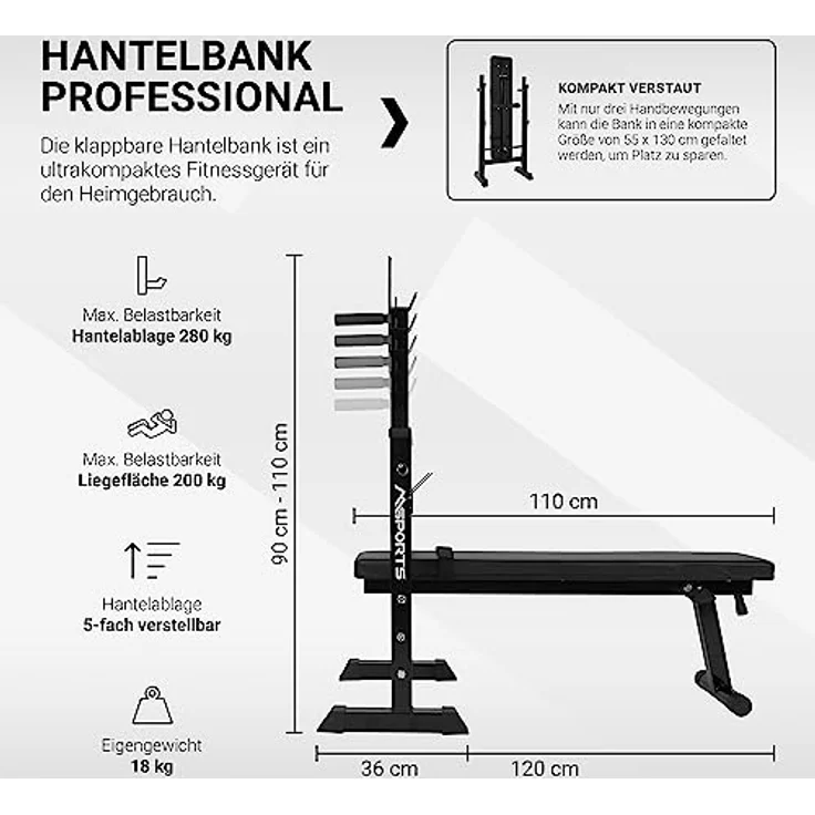 Hantelbank Professional Multifunktion klappbar für Langhantelstangen bis 200 kg Hantel Training – Bild 2