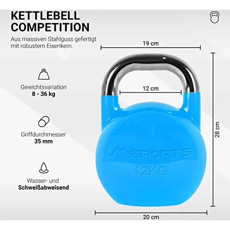 MSPORTS Kettlebell Competition 12 kg | Professional Studio Qualität | inkl. Übungsposter | Wettkampf Kugelhantel – Bild 2