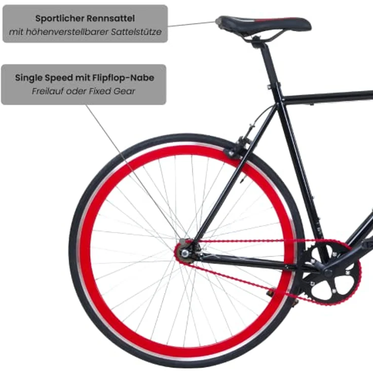 Galano Blade 28 Zoll Fixie Singlespeed Bike, Rennrad für Damen und Herren, schwarz/rot - Preisvergleich – Bild 4