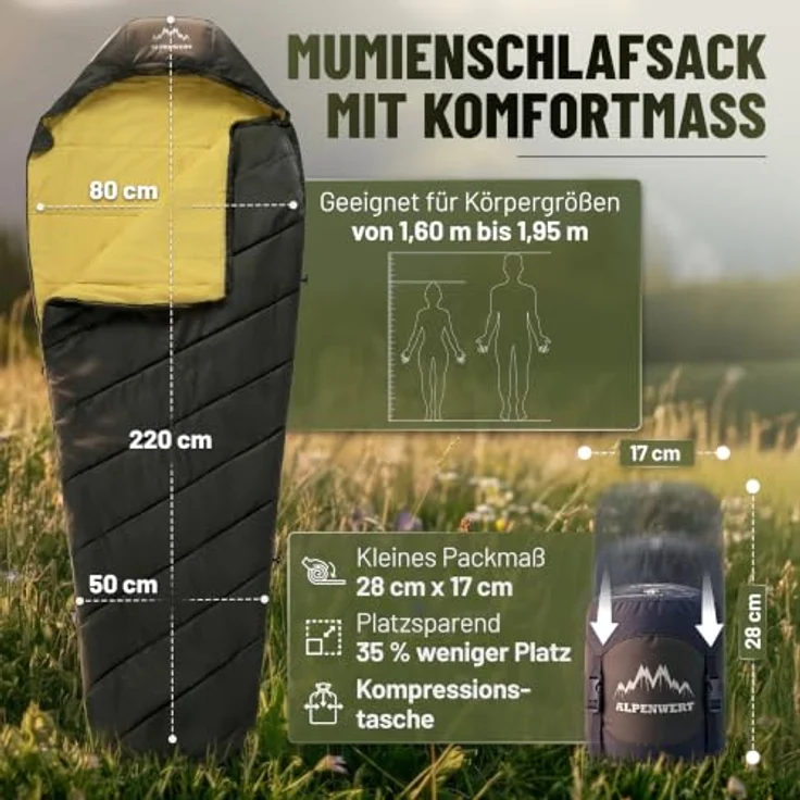 ALPENWERT® Schlafsack Sommer Ultraleicht 220x80cm, Wasserabweisend, YKK Reißverschluss, Kältebrücke, Dunkeloliv/Senfgelb – Bild 3