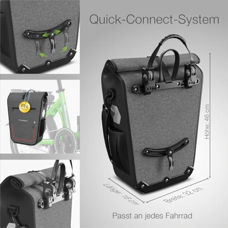 Eloneo Velotasche, 25 l Gepäckträgertasche mit gepolstertem Laptopfach, zuschaltbarer LED-Beleuchtung und Quick-Connect-System, wasserdicht nach IPX4 – Bild 8