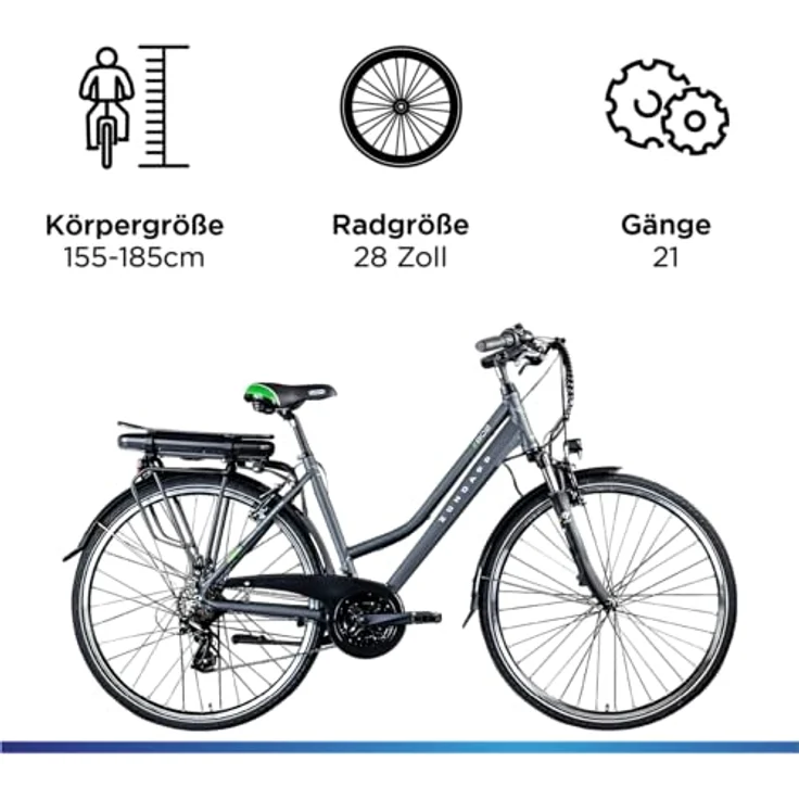 ZÜNDAPP Z802 E Bike Trekking 155-185 cm, 21 Gänge, bis 115 km, 28 Zoll Elektrofahrrad mit LED Display (grau/grün, 48 cm) – Bild 3