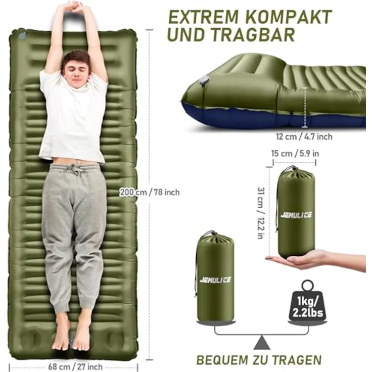 JEMULICE Isomatte Camping, 12CM Ultradicke Luftmatratze mit Fußpumpe, ultraleicht und wasserdicht, kompaktes Packmaß - Armeegelb – Bild 3