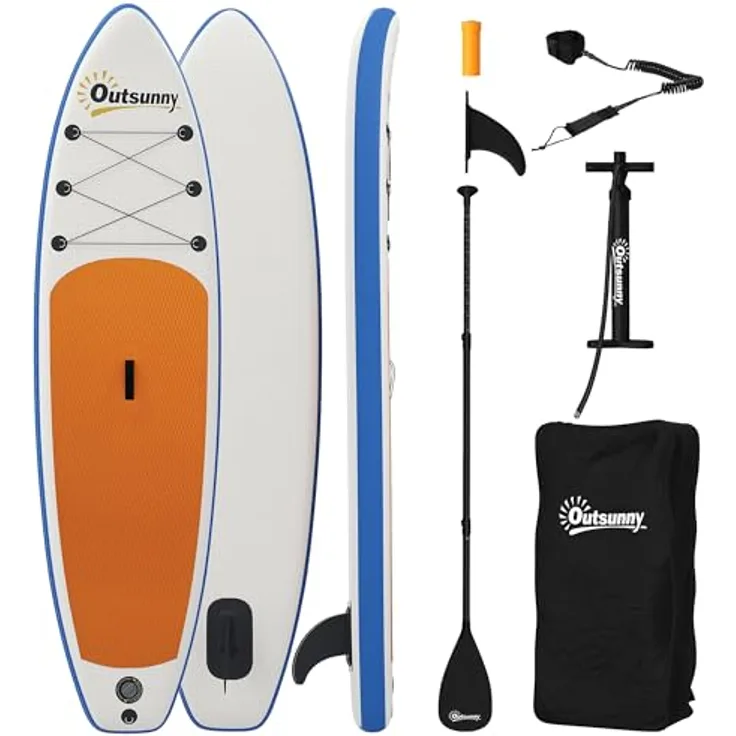 sportnow Outsunny Stand Up Paddling Board Set, Aufblasbar 305cm mit Paddel, orangefarbene EVA-Anti-Rutsch-Matte, max. 150kg Belastbarkeit, komplettes Zubehörset
